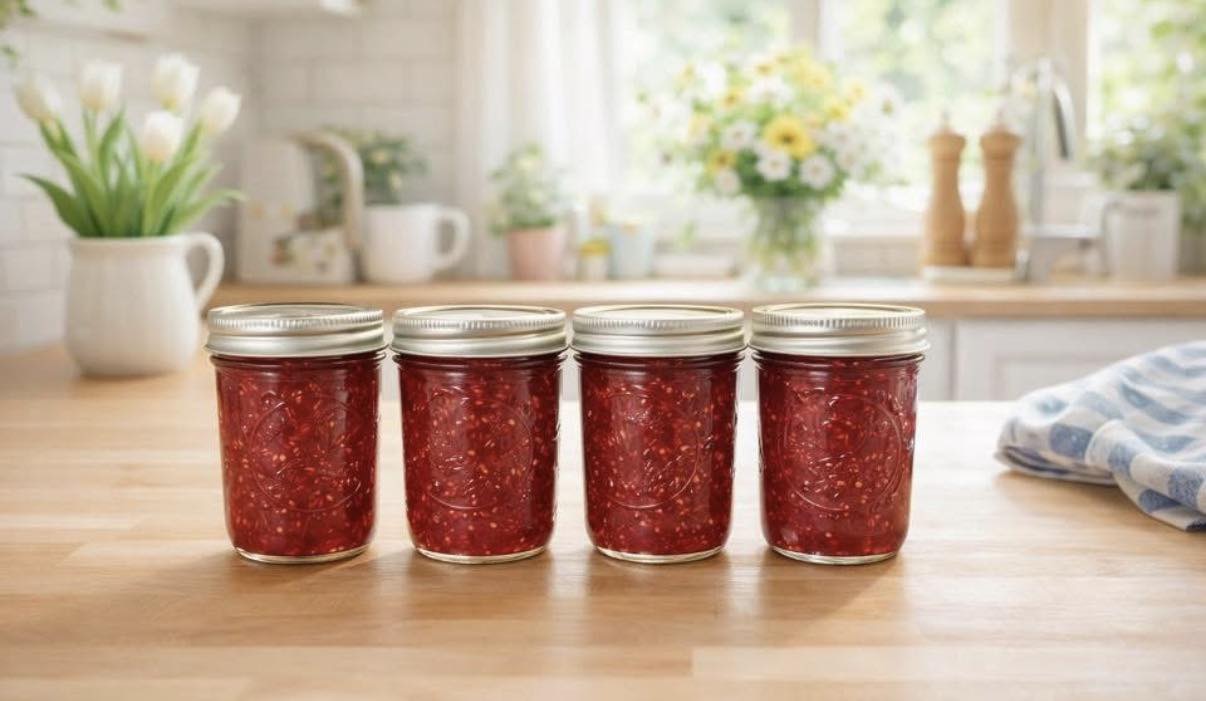 Four jars of red jam on a bright kitchen counter